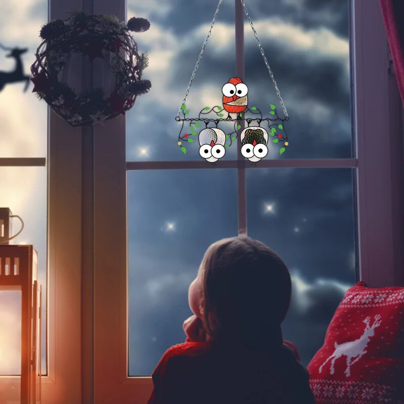 1 tk vitraažakna rippuv kaunistus päikesepüüdja öökullid peitsitud ripats akrüül lind rippuv ornament Tuulekella kodukaunistus