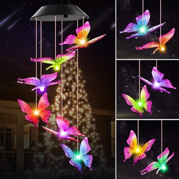 LED слънчева променлива светлина, водоустойчива цветна градиентна пеперуда Angel Wind Chime Light за двор, градина, морава, веранда, мама