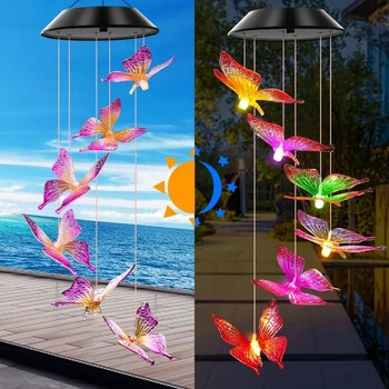 LED слънчева променлива светлина, водоустойчива цветна градиентна пеперуда Angel Wind Chime Light за двор, градина, морава, веранда, мама