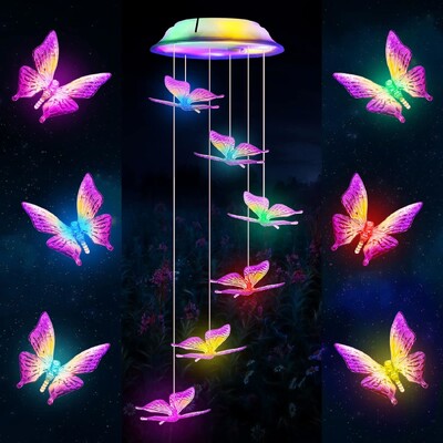 Lumină variabilă cu LED-uri solare, rezistentă la apă, gradient de culoare Fluture Angel Wind Chime Lumină pentru curte, grădină, peluză, verandă, mamă