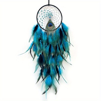 1 tk rikkalik ja värviline paabulinnu sulgedega kristallkivist unistuste püüdmise võrk, minimalistlik dekoratiivne seinakaunistusega ripats