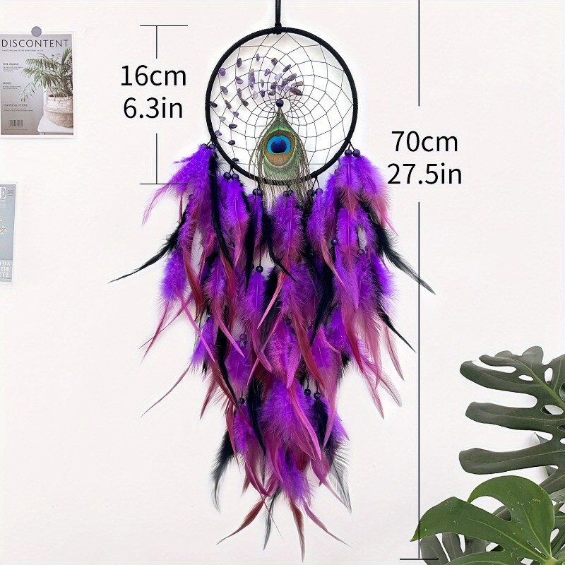 1 tk rikkalik ja värviline paabulinnu sulgedega kristallkivist unistuste püüdmise võrk, minimalistlik dekoratiivne seinakaunistusega ripats