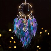 1 tk LED-valgustusega unenäopüüdja kuukaunistused tuledega Käsitsi valmistatud sulgedest unenäopüüdjad magamistoa boheemlaste kodukaunistusega pulmadeks