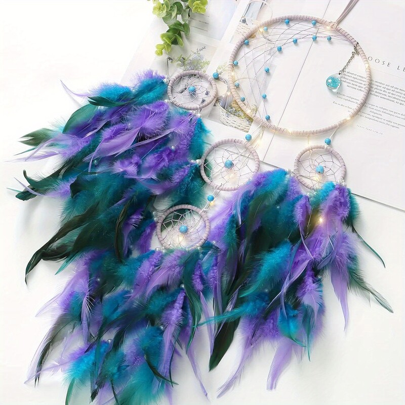 1 tk LED-valgustusega unenäopüüdja kuukaunistused tuledega Käsitsi valmistatud sulgedest unenäopüüdjad magamistoa boheemlaste kodukaunistusega pulmadeks