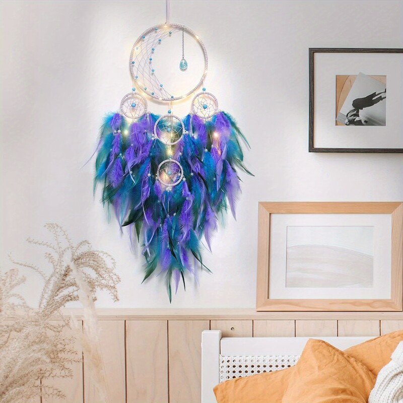 1 tk LED-valgustusega unenäopüüdja kuukaunistused tuledega Käsitsi valmistatud sulgedest unenäopüüdjad magamistoa boheemlaste kodukaunistusega pulmadeks