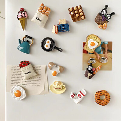 Autocolant creativ tridimensional pentru frigider din rășină, ou alimentar, pâine, cafea, roșii, bețișoare, decor pentru micul dejun