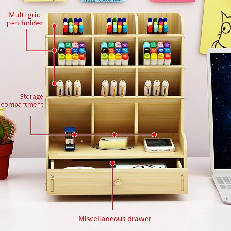 1 τεμ. Ξύλινο Γραφείο Organizer Πολυλειτουργικό Desktop Stationery Strehold Box για οικιακό γραφείο Θήκη αποθήκευσης σχολικών ειδών