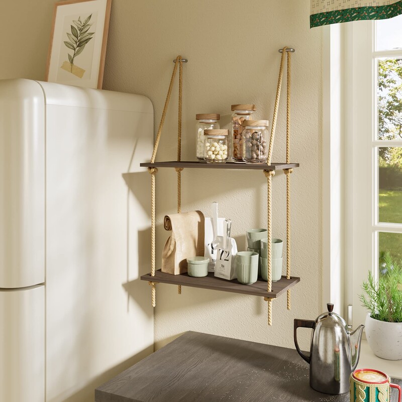 Pakabinamos lentynos, juodos sieninės lentynos su austine kabykla, „Boho“ lentynos sienų dekoras miegamajam, svetainei, „Makrame“ medienos plaukiojantis S