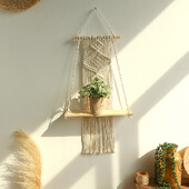 Macrame sieninė lentyna Mediena plaukiojančios lentynos Gėlių vazonų vitrinos Stovas Kabantis siena Boho Namų dekoravimas Svetainės dekoras Estetinis