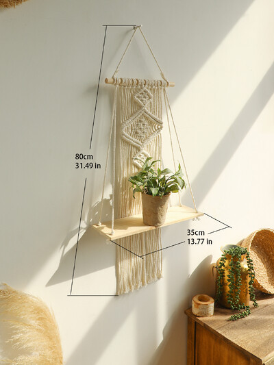 Macrame sieninė lentyna Mediena plaukiojančios lentynos Gėlių vazonų vitrinos Stovas Kabantis siena Boho Namų dekoravimas Svetainės dekoras Estetinis