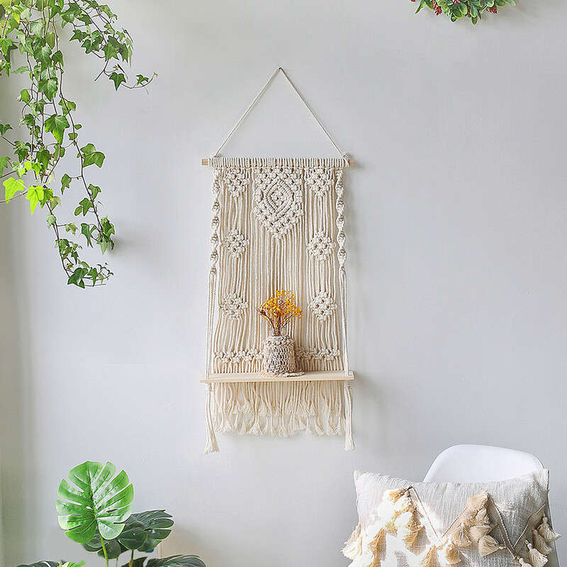 Macrame sieninė lentyna Mediena plaukiojančios lentynos Gėlių vazonų vitrinos Stovas Kabantis siena Boho Namų dekoravimas Svetainės dekoras Estetinis