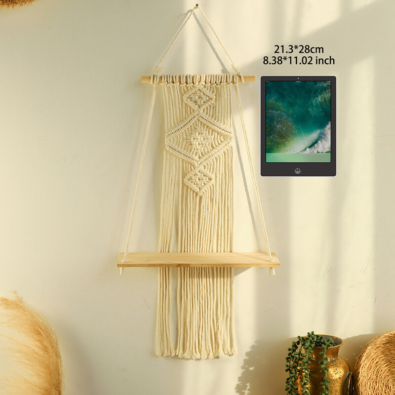 Macrame sieninė lentyna Mediena plaukiojančios lentynos Gėlių vazonų vitrinos Stovas Kabantis siena Boho Namų dekoravimas Svetainės dekoras Estetinis