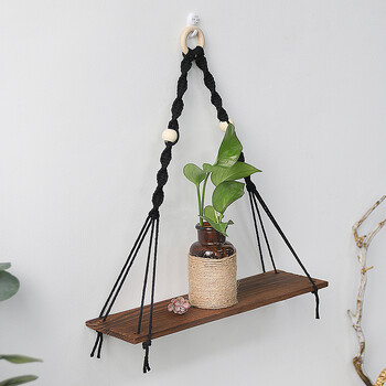 Black WoodenShelf Висящи стенни рафтове Бохо домашен декор Свещник Макраме Рафтове за съхранение за спалня Баня Всекидневна