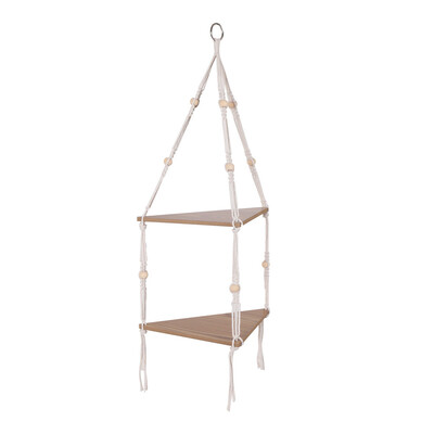 Kampinė lentyna pakabinama ant sienos 2 pakopų medinė virvė plaukiojanti lentyna kaimiška Boho augalų laikiklis, skirtas sienų dekoravimui, daugiafunkcinis namų saugojimas