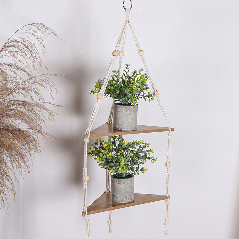 Kampinė lentyna pakabinama ant sienos 2 pakopų medinė virvė plaukiojanti lentyna kaimiška Boho augalų laikiklis, skirtas sienų dekoravimui, daugiafunkcinis namų saugojimas