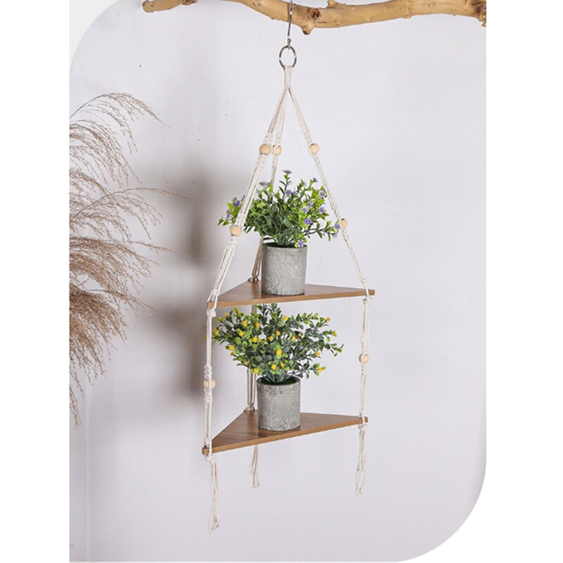 Kampinė lentyna pakabinama ant sienos 2 pakopų medinė virvė plaukiojanti lentyna kaimiška Boho augalų laikiklis, skirtas sienų dekoravimui, daugiafunkcinis namų saugojimas