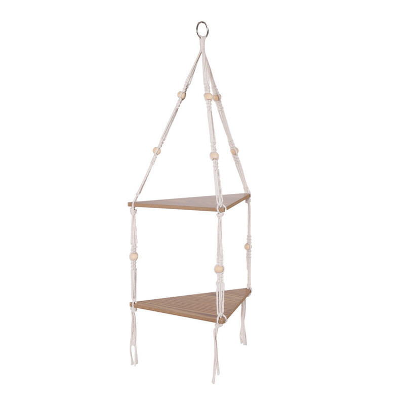 Kampinė lentyna pakabinama ant sienos 2 pakopų medinė virvė plaukiojanti lentyna kaimiška Boho augalų laikiklis, skirtas sienų dekoravimui, daugiafunkcinis namų saugojimas