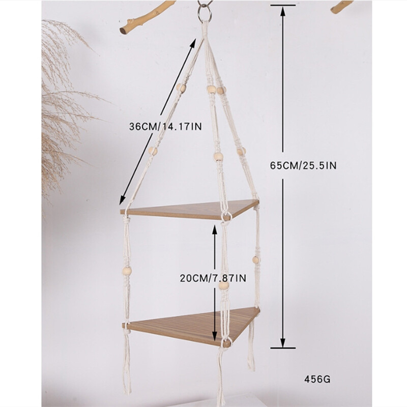 Kampinė lentyna pakabinama ant sienos 2 pakopų medinė virvė plaukiojanti lentyna kaimiška Boho augalų laikiklis, skirtas sienų dekoravimui, daugiafunkcinis namų saugojimas