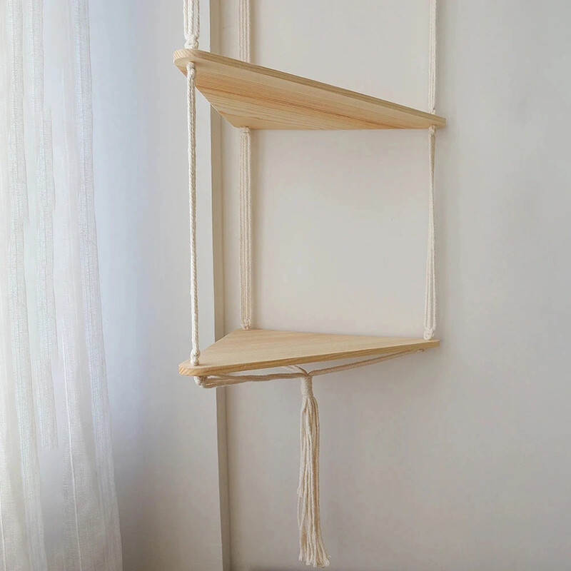 „Boho“ kampinė lentyna plaukiojančios lentynos Medinis stovas Svetainės miegamojo sienos pakabinimo dekoras Trikampio lentynos vitrinos stovas Namų dekoras