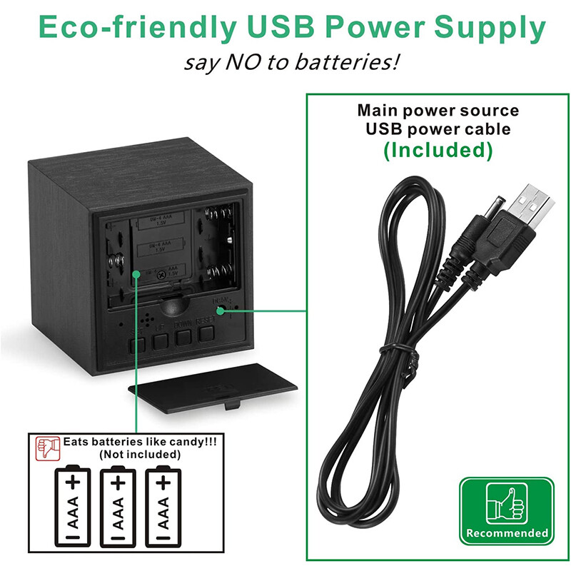 Ceas cu alarmă digital din lemn cu control al sunetului temperaturii Ceasuri electronice Ceas de noptieră cu LED Desperadoe alimentat prin USB/AAA