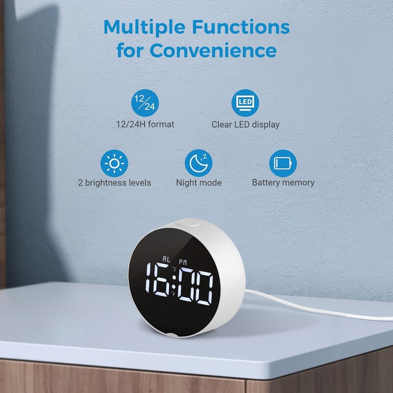 Väike digitaalne äratuskell LED laua-reisi elektrooniline kell 2 heleduse tasemega Multifunktsionaalne ümmargune LED-peegelkell