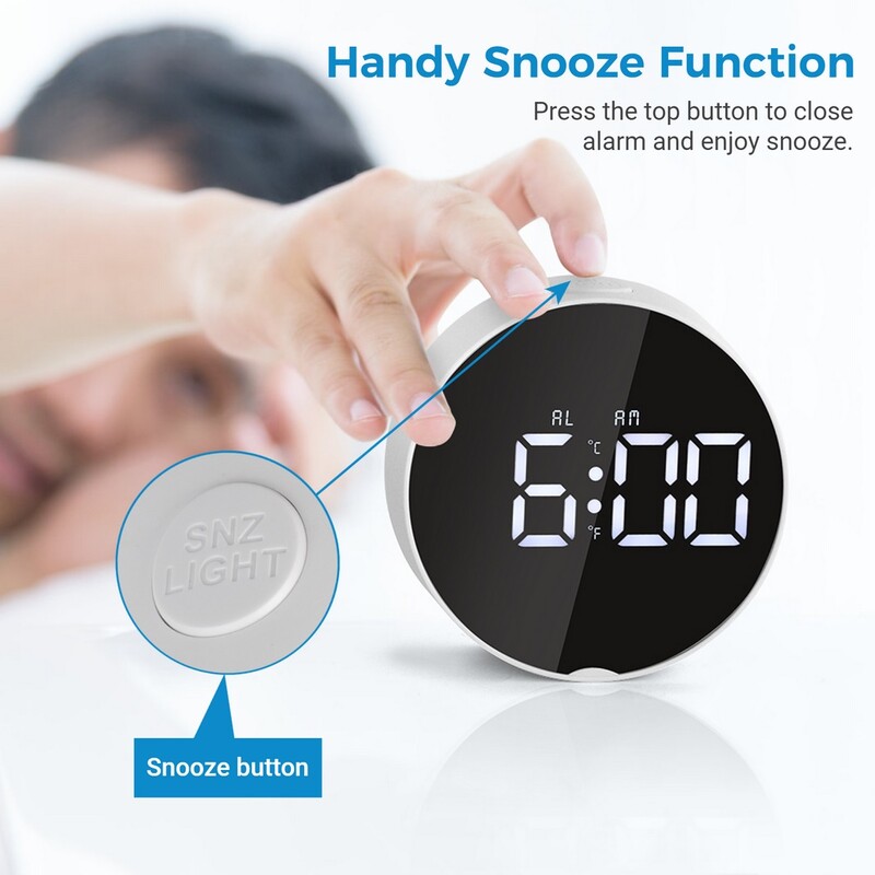 Väike digitaalne äratuskell LED laua-reisi elektrooniline kell 2 heleduse tasemega Multifunktsionaalne ümmargune LED-peegelkell