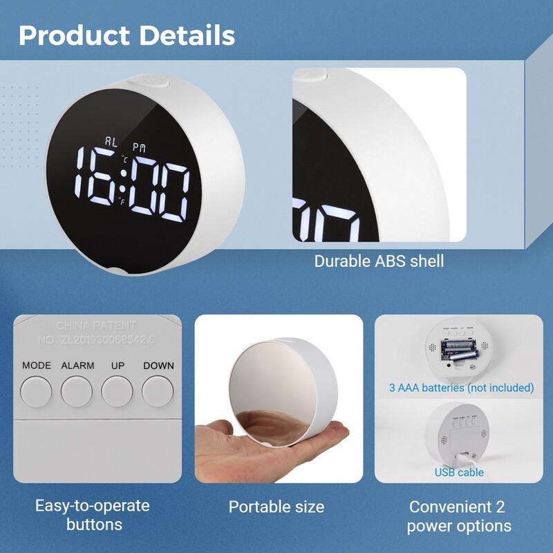 Väike digitaalne äratuskell LED laua-reisi elektrooniline kell 2 heleduse tasemega Multifunktsionaalne ümmargune LED-peegelkell
