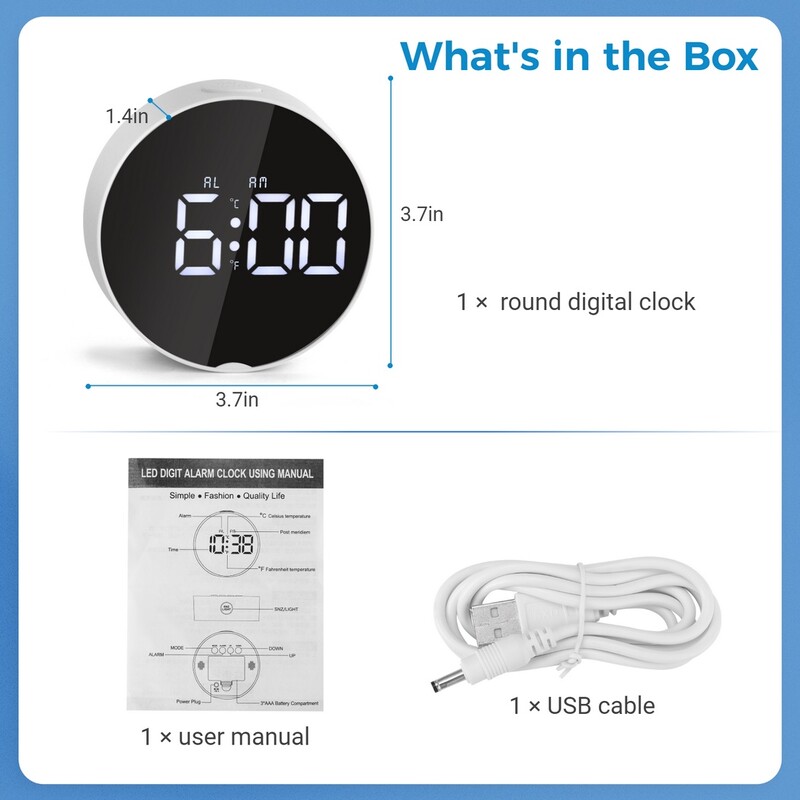 Väike digitaalne äratuskell LED laua-reisi elektrooniline kell 2 heleduse tasemega Multifunktsionaalne ümmargune LED-peegelkell
