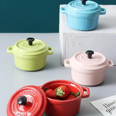Bol de mic dejun din ceramică Ramekins cu capac, sigur pentru cuptor, creme brulee, mini caserolă, sufle, capac și mâner pentru supa franțuzească de ceapă, 220 ml