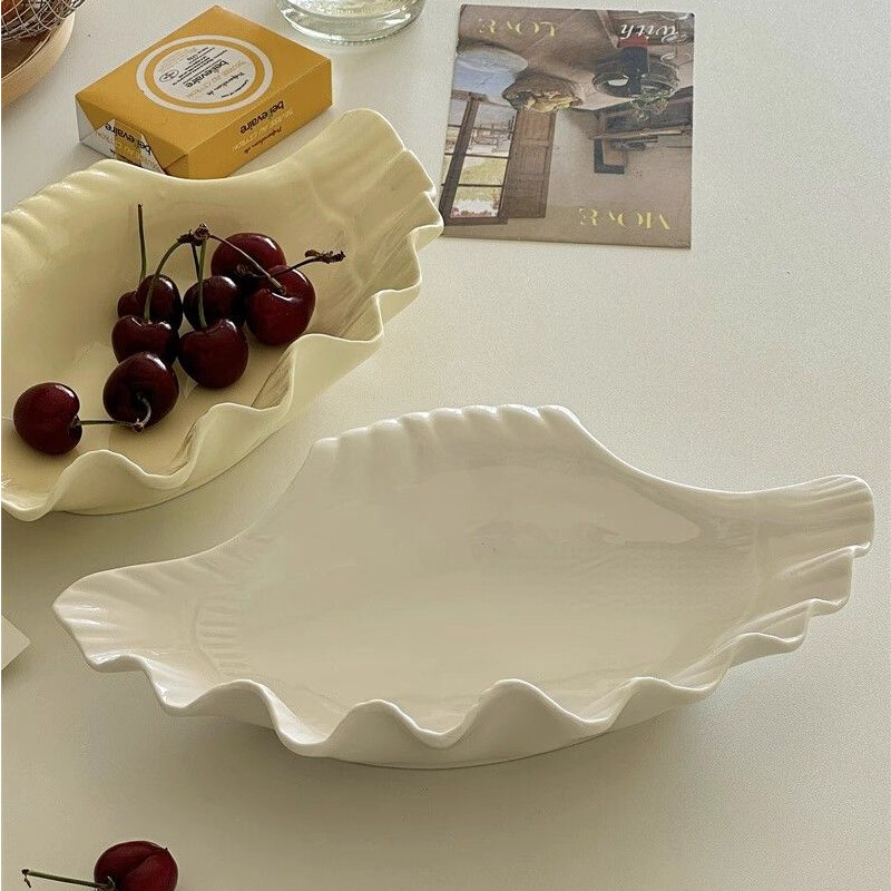 Suur koorega taldrik~ Prantsuse vanaaegne reljeefne keraamiline kestakujuline hoiutaldrik Puuviljade magustoidu nipsasjakeste tass Kodutarvikud Kandikud