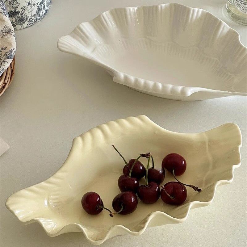 Suur koorega taldrik~ Prantsuse vanaaegne reljeefne keraamiline kestakujuline hoiutaldrik Puuviljade magustoidu nipsasjakeste tass Kodutarvikud Kandikud