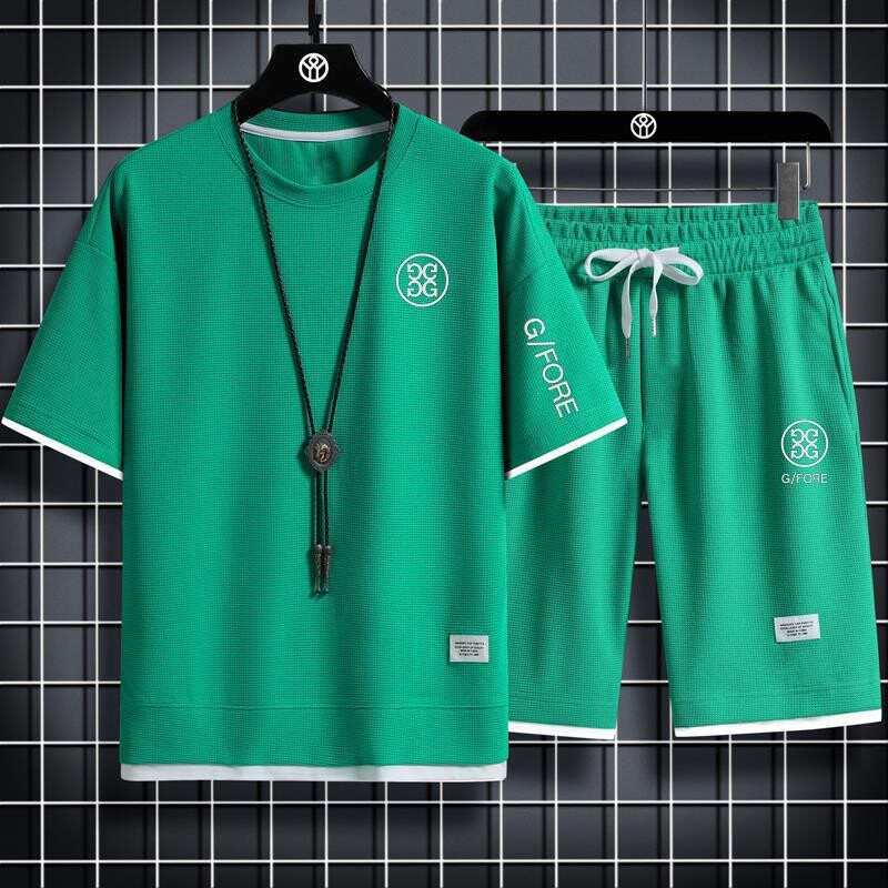 Νέο καλοκαιρινό κοντομάνικο κοστούμι βάφλα για άνδρες Χαλαρό νεανικό όμορφο κοντό μανίκι Κορεάτικο στυλ casual μόδα σετ δύο τεμαχίων