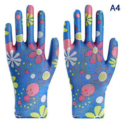 1paar naiste aiakindaid, trükitud roosa polüesterroosa lateks, töötamiseks mõeldud libisemiskindlad kaitsekindad mehaanika ehitustööriistadele