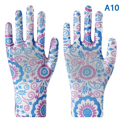 1paar naiste aiakindaid, trükitud roosa polüesterroosa lateks, töötamiseks mõeldud libisemiskindlad kaitsekindad mehaanika ehitustööriistadele