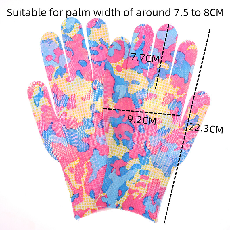 1paar naiste aiakindaid, trükitud roosa polüesterroosa lateks, töötamiseks mõeldud libisemiskindlad kaitsekindad mehaanika ehitustööriistadele