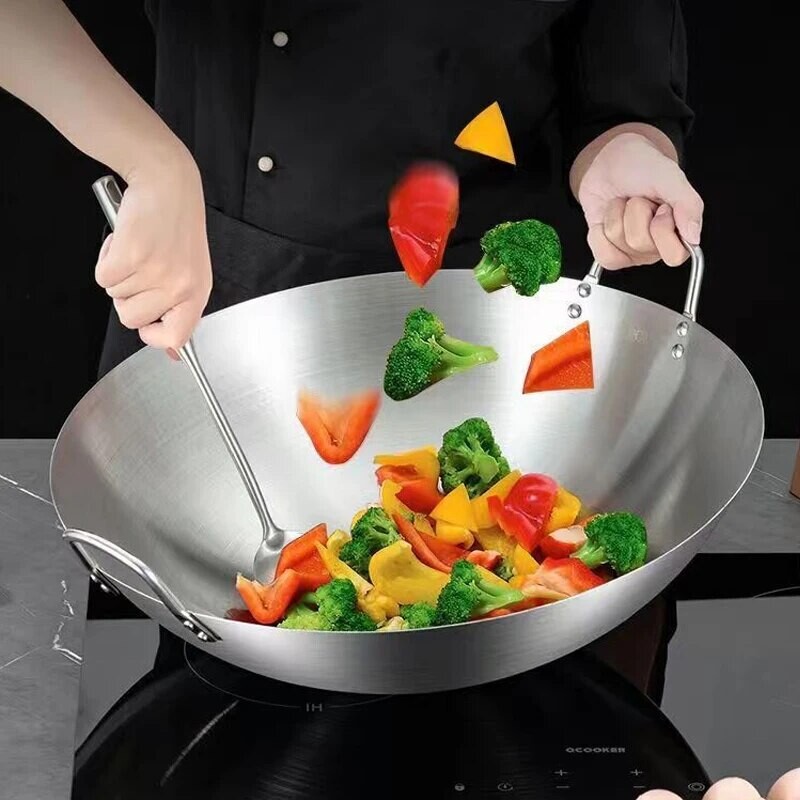 Roostevabast terasest kahekõrvaline pann, katmata, paksendatud restorani pann, pada kaubanduslik majapidamispann