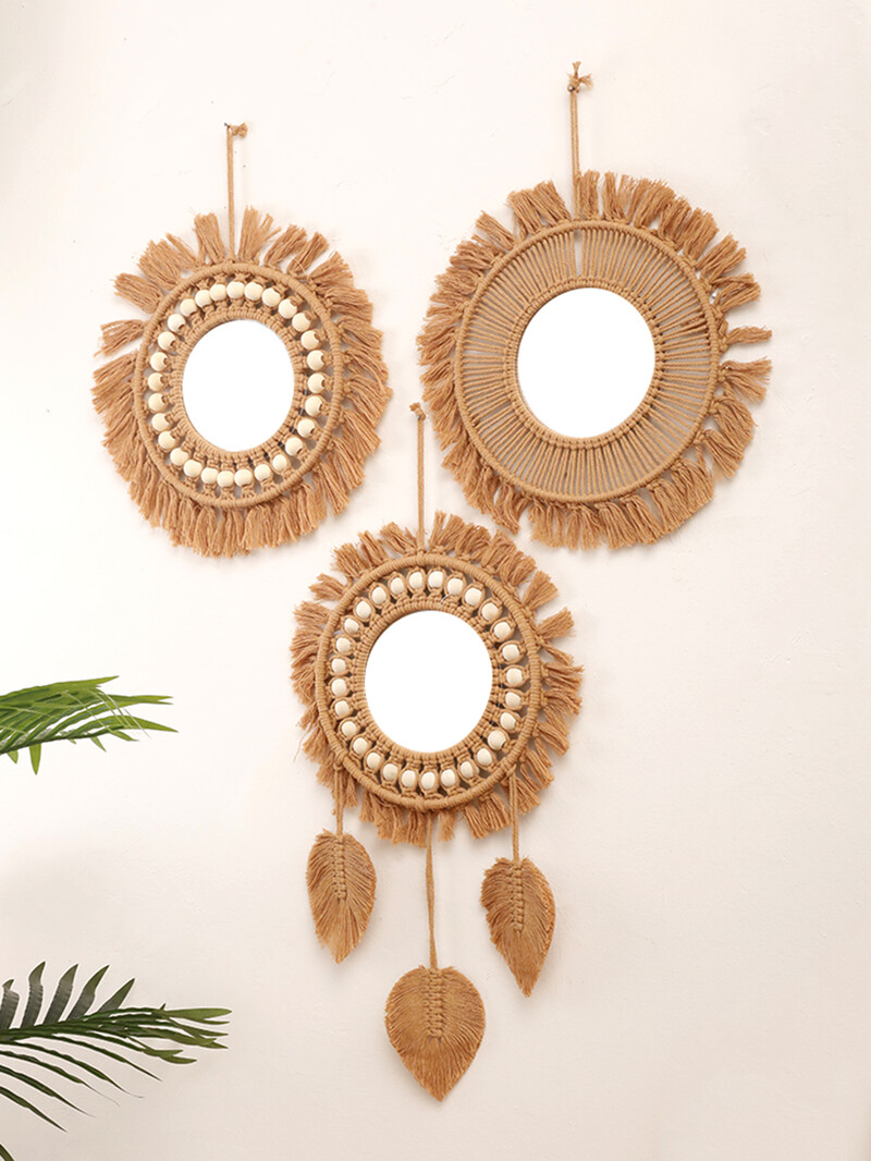 Apvalios sienos veidrodžiai Kambario dekoras Rankomis austas Dekoratyvinis veidrodis Pakabinamas veidrodis butui Svetainės miegamojo namų apdaila