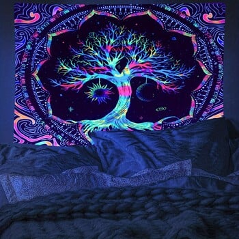 1Pcs 75x58cm Дървото на живота Гоблен BlackLight Sun Moon Stars Galaxy Colorful Hippie Psychedelic Bedroom Dorm Decor Aesthetic