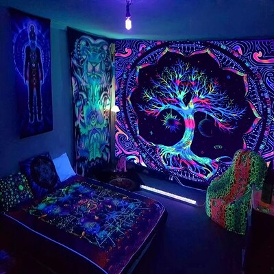 1kom 75x58cm Drvo života Tapiserija BlackLight Sunce Mjesec Zvijezde Galaksija Šareni hipi psihodelični spavaća soba Dekor spavaonice Estetski