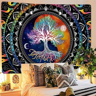1Pcs 75x58cm Дървото на живота Гоблен BlackLight Sun Moon Stars Galaxy Colorful Hippie Psychedelic Bedroom Dorm Decor Aesthetic