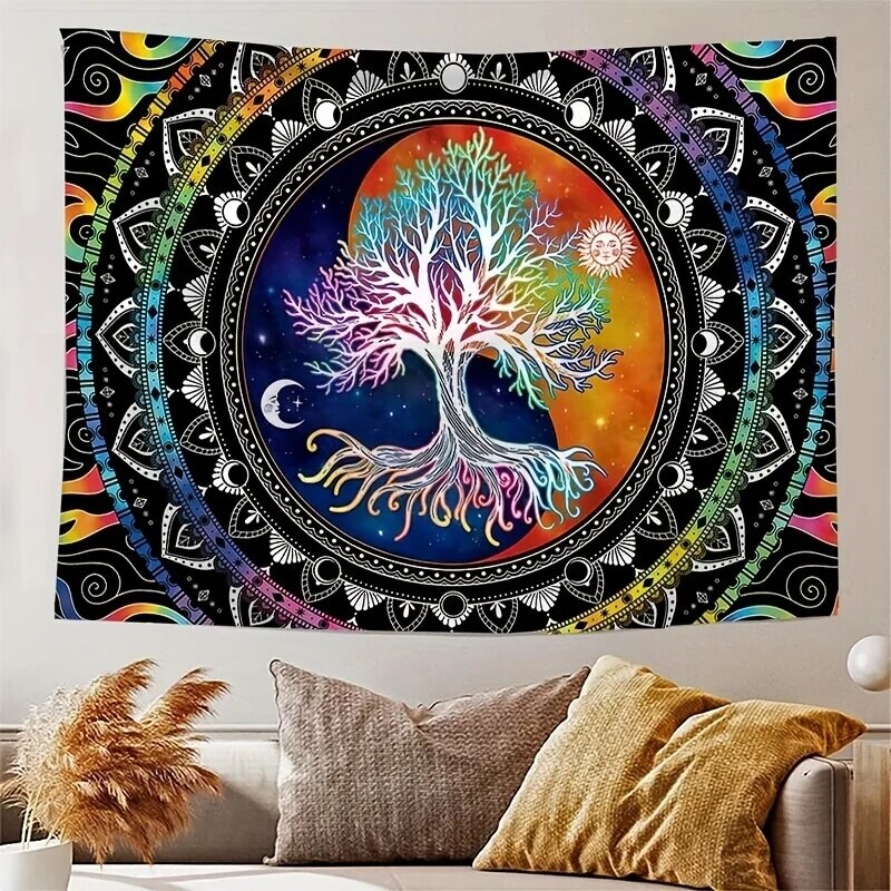1Τμ 75x58cm Ταπετσαρία Δέντρο της Ζωής BlackLight Sun Moon Stars Galaxy Πολύχρωμο Hippie Psychedelic Διακόσμηση Κοιτώνα Αισθητική