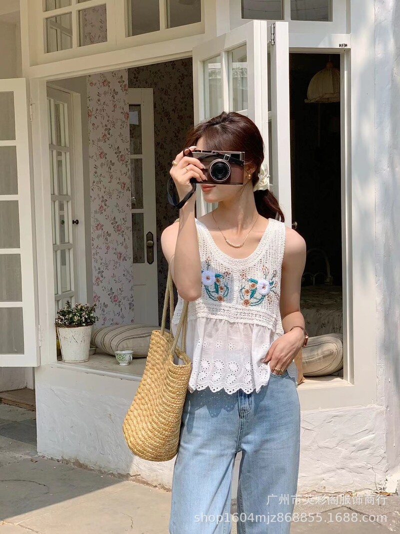 Νέο Καλοκαιρινό Κορεάτικο Στιλ Γλυκό Φρέσκο Λεπτό Μόδα Τρισδιάστατο πολύχρωμο κέντημα κοντομάνικο μπλουζάκι για γυναίκες