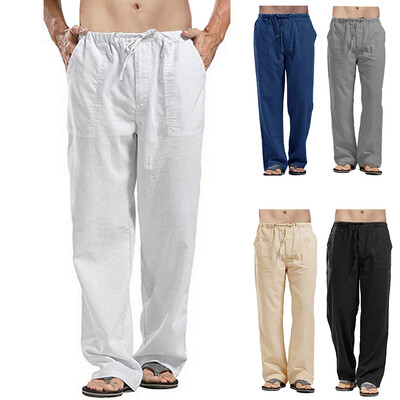 Pantaloni lungi pentru bărbați din bumbac și in Pantaloni de vară cu șnur Pantaloni de vacanță pentru bărbați Pantaloni subțiri supradimensionați, largi, cu picioare drepte