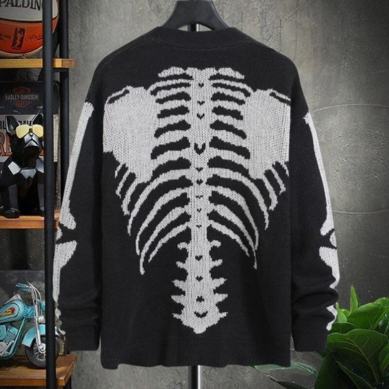 2023. aasta Harajuku sügistalvine meeste halloweeni pealuu trükitud pikkade varrukatega kardigan V-kaelusega nööbiga mantel y2k vintage Sweater Ins