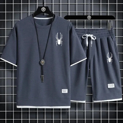 Τυπωμένο κοντομάνικο μπλουζάκι + σορτς Σετ δύο τεμαχίων ανδρικό κοστούμι βάφλα casual καλοκαιρινό αναπνεύσιμο και άνετα ρούχα προπόνησης M-3XL