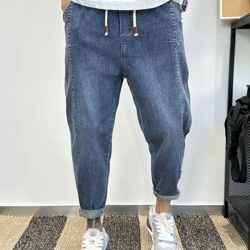 Meeste teksad Kärbitud Mees Kauboi Püksid Helesinised Püksid Harem Disainer Cotton Baggy Plus Size Tavaline Korea Mood Pehme Lahti