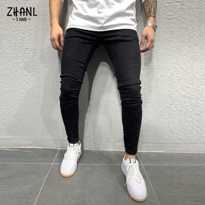 Мъжки черни дънки Slim Fit Качествени сиви ежедневни мъжки дънкови панталони Тесни мъжки панталони Хип-хоп Streetwear Памучни дънкови панталони
