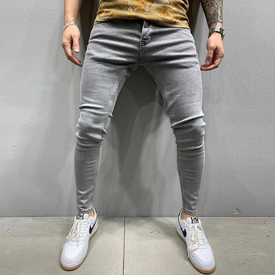 Мъжки черни дънки Slim Fit Качествени сиви ежедневни мъжки дънкови панталони Тесни мъжки панталони Хип-хоп Streetwear Памучни дънкови панталони