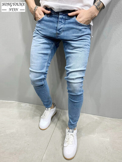 Мъжки черни дънки Slim Fit Качествени сиви ежедневни мъжки дънкови панталони Тесни мъжки панталони Хип-хоп Streetwear Памучни дънкови панталони
