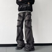HOUZHOU Y2K Punk Black American Street Rock Retro aukštu juosmeniu Negabaritiniai džinsai Vyriški Raw Edge Skalbti Tamsūs drabužiai Plačios Kelnės Vyriški